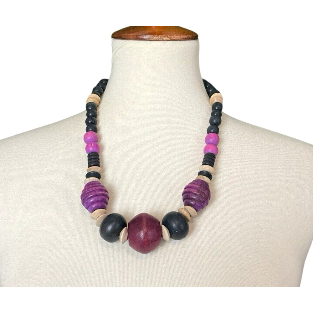 Vintage Multicolor Wood Necklace Purple 28 inches Chunky Boho Statement Jewelry